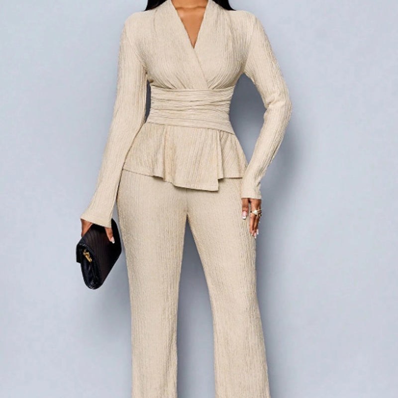 🌞Frühlingserwachen: 50% Rabatt!✨Damen 2-teiliges Peplum-Set – Crossover-V-Ausschnitt & Wickelgürtel, Strukturierter Stoff für Sanduhr-Silhouette