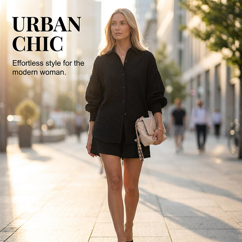 🌞Frühlingserwachen: 50% Rabatt!✨Urban Chic Damen Jacquard Zweiteiler – Puffärmel & Hochtaillierte Shorts, Elegant & Vielseitig für Büro & Abend