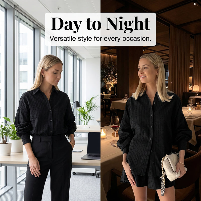 🌞Frühlingserwachen: 50% Rabatt!✨Urban Chic Damen Jacquard Zweiteiler – Puffärmel & Hochtaillierte Shorts, Elegant & Vielseitig für Büro & Abend