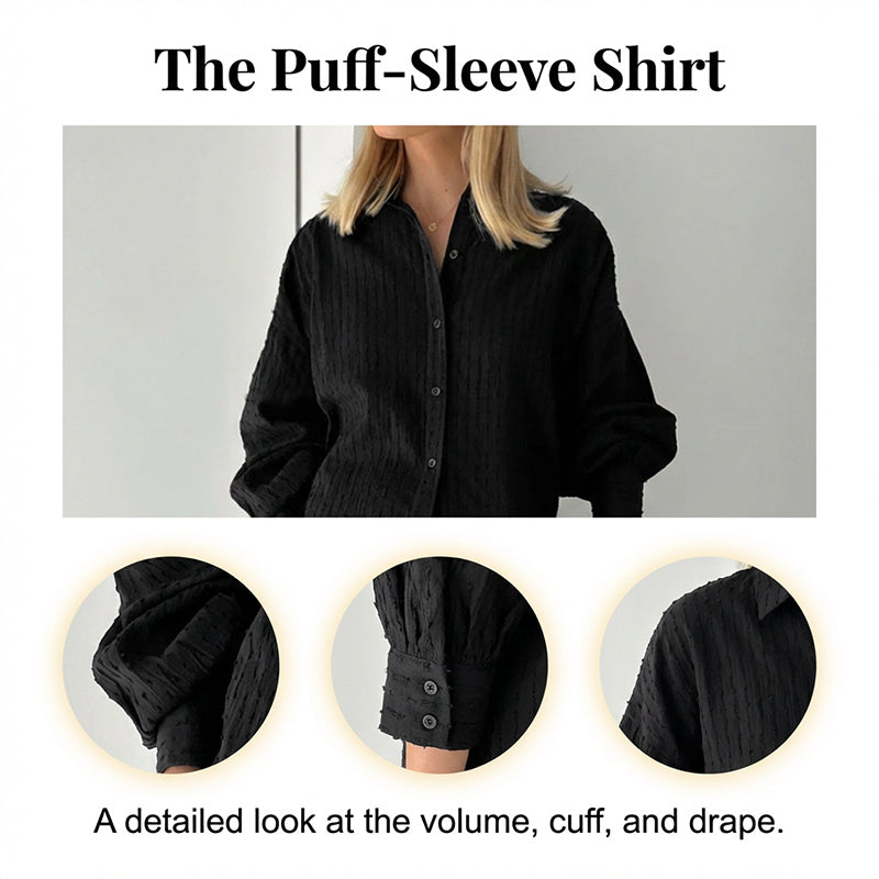 🌞Frühlingserwachen: 50% Rabatt!✨Urban Chic Damen Jacquard Zweiteiler – Puffärmel & Hochtaillierte Shorts, Elegant & Vielseitig für Büro & Abend