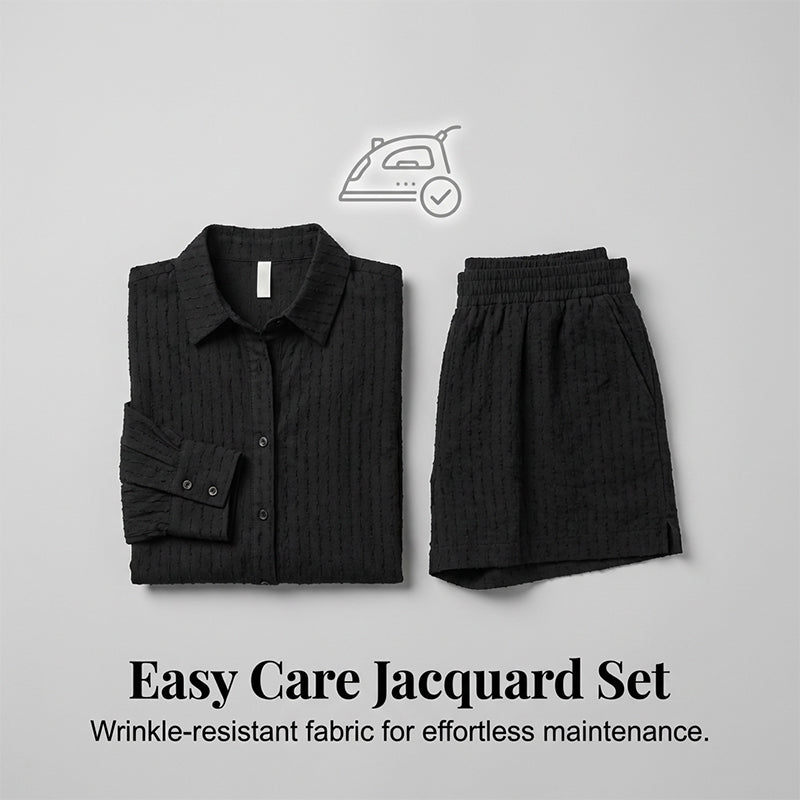 🌞Frühlingserwachen: 50% Rabatt!✨Urban Chic Damen Jacquard Zweiteiler – Puffärmel & Hochtaillierte Shorts, Elegant & Vielseitig für Büro & Abend