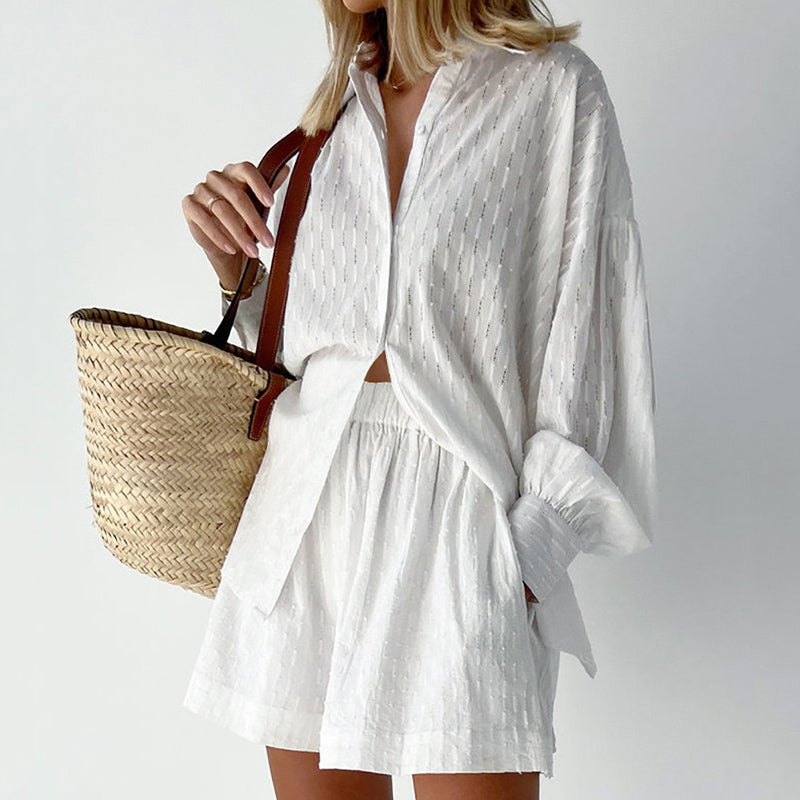 🌞Frühlingserwachen: 50% Rabatt!✨Urban Chic Damen Jacquard Zweiteiler – Puffärmel & Hochtaillierte Shorts, Elegant & Vielseitig für Büro & Abend