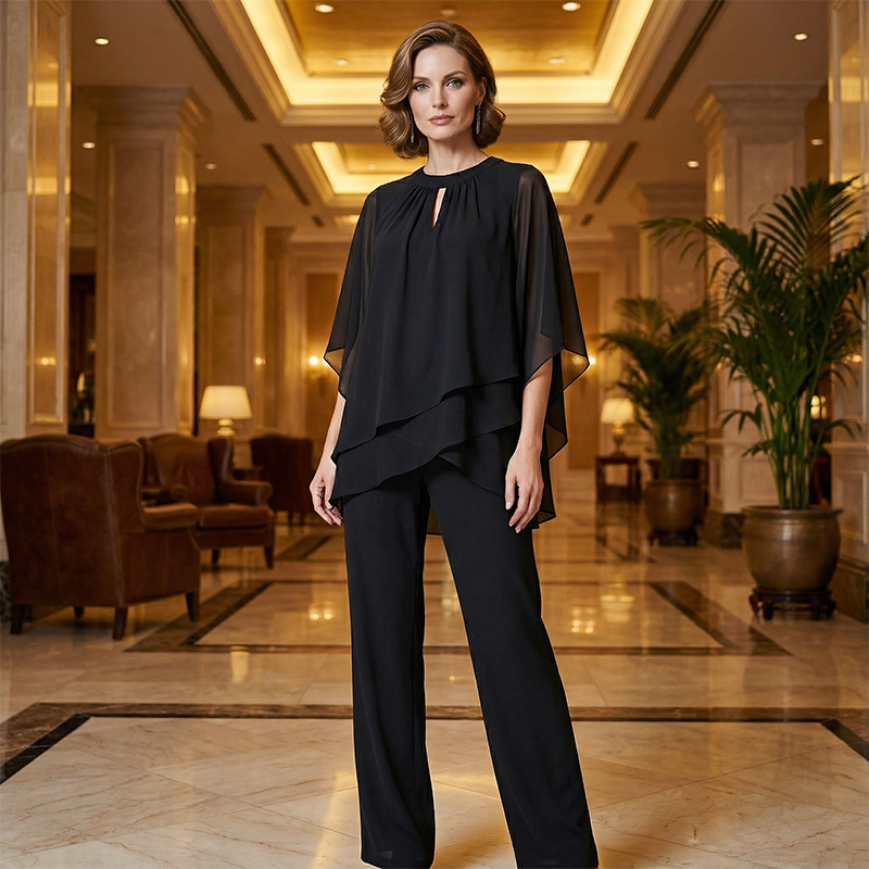 🌞Frühlingserwachen: 50% Rabatt!✨Festliches Chiffon-Set: Figurschmeichelnder Zweiteiler im Lagen-Look mit weiter Hose