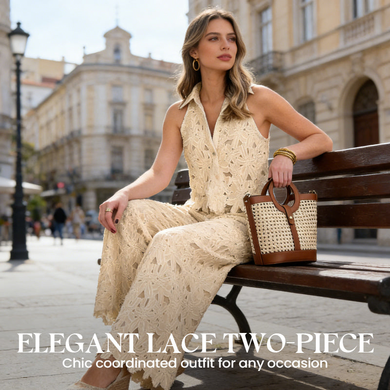 🌞Frühlingserwachen: 50% Rabatt!✨Damen Elegantes Spitzen-Zweiteiler – Halterneck-Oberteil & Weite Hose, Atmungsaktiv & Vielseitig