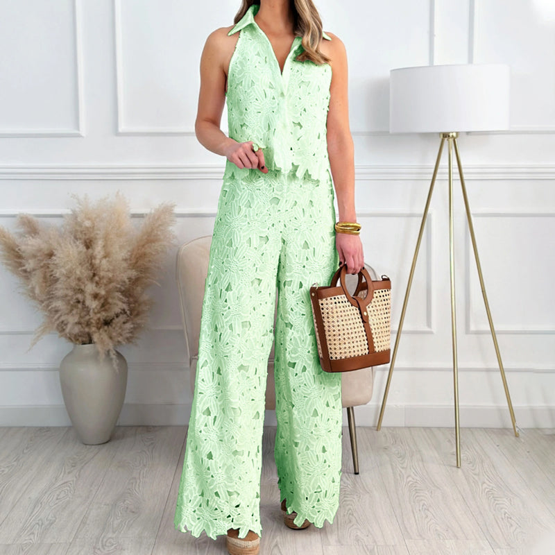 🌞Frühlingserwachen: 50% Rabatt!✨Damen Elegantes Spitzen-Zweiteiler – Halterneck-Oberteil & Weite Hose, Atmungsaktiv & Vielseitig