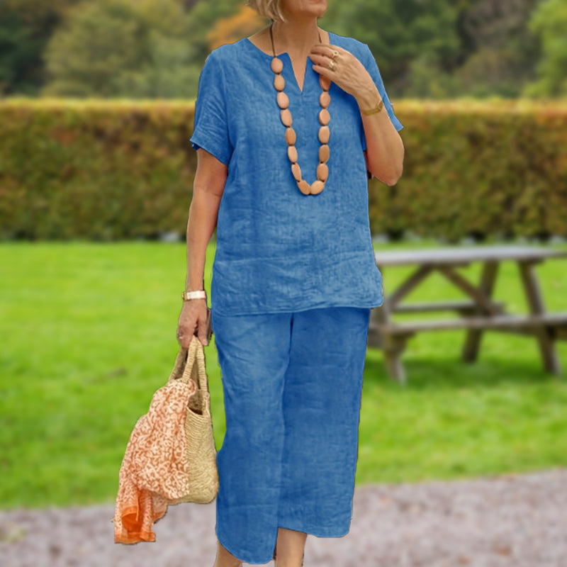 🌞Frühlingserwachen: 50% Rabatt!✨ Damen Lässiges Sommer-Set (Kurzarmhemd + Elastische Bund-Hose)