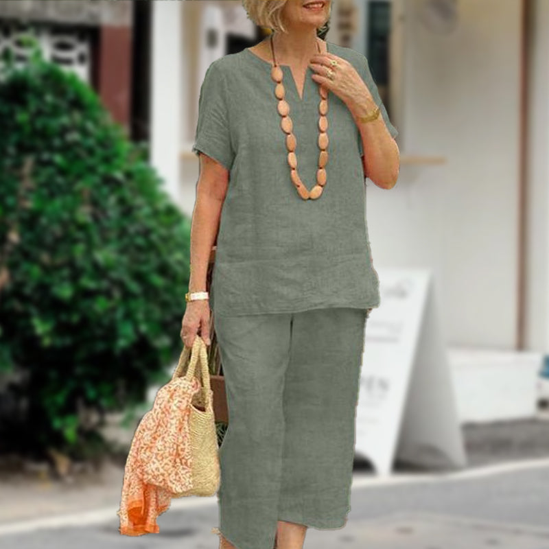 🌞Frühlingserwachen: 50% Rabatt!✨ Damen Lässiges Sommer-Set (Kurzarmhemd + Elastische Bund-Hose)