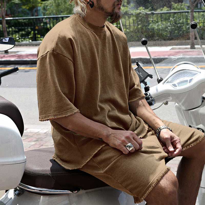 🌞Frühlingserwachen: 50% Rabatt!💎2-Teiler Herren Urban Set: Oversized Kurzarm-Sweatshirt & Shorts mit Raw-Edges