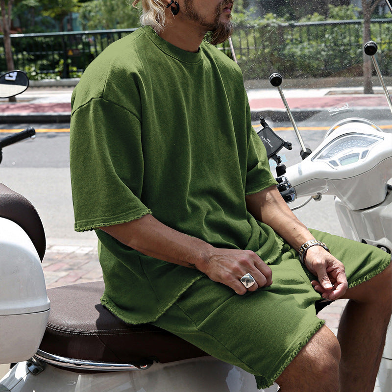 🌞Frühlingserwachen: 50% Rabatt!💎2-Teiler Herren Urban Set: Oversized Kurzarm-Sweatshirt & Shorts mit Raw-Edges