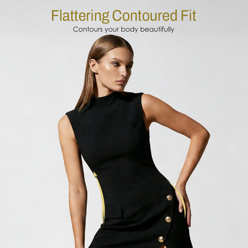 🌞Frühlingserwachen: 50% Rabatt!Elegantes High-Neck Minikleid: Figurbetontes Kleid mit Goldknöpfen & Cut-Out Rücken