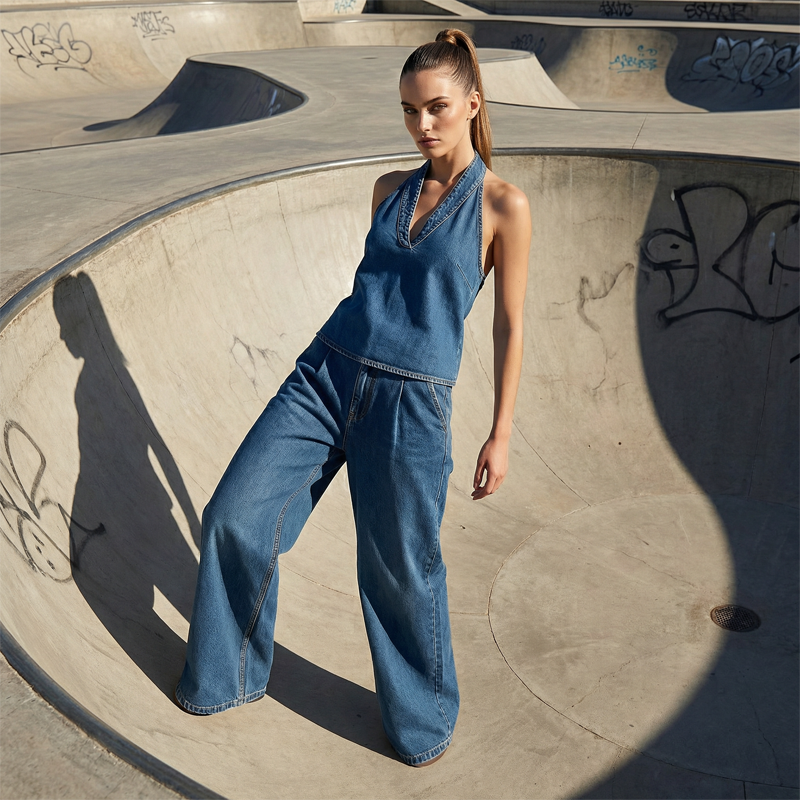 🌞Frühlingserwachen: 50% Rabatt!"Effortless Chic" Zweiteiler: Elegantes Neckholder-Top & weite Hose mit Taschen