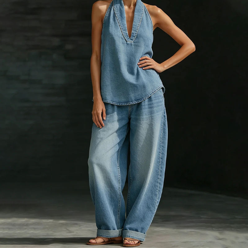 🌞Frühlingserwachen: 50% Rabatt!"Effortless Chic" Zweiteiler: Elegantes Neckholder-Top & weite Hose mit Taschen