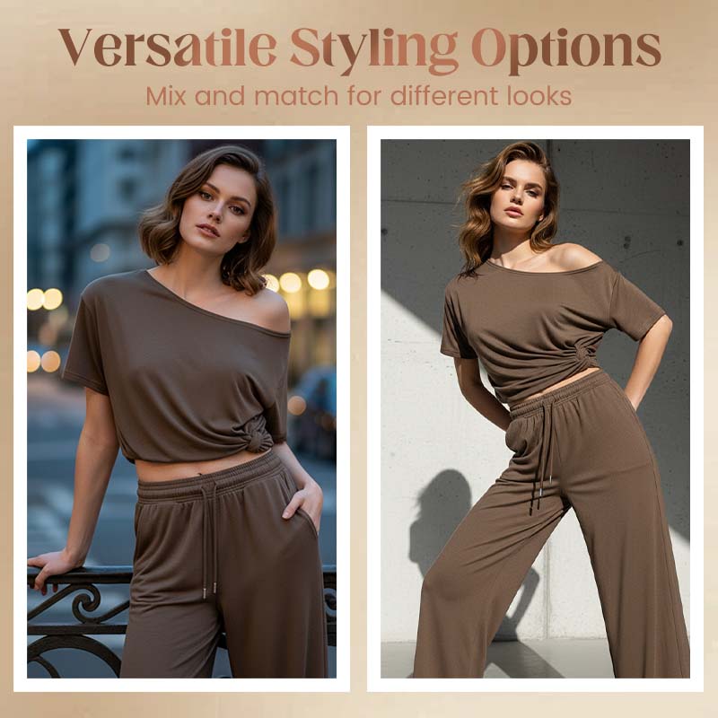 🌞Frühlingserwachen: 50% Rabatt!💎"Soft-Touch" Lounge-Set mit asymmetrischem Off-Shoulder Top & Weiter Hose