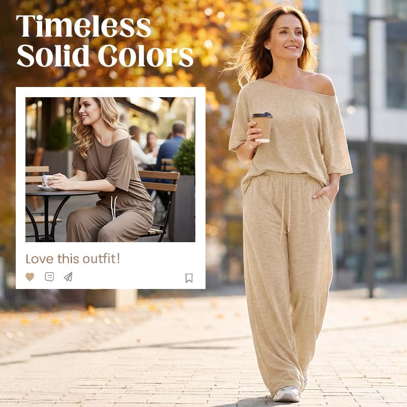 🌞Frühlingserwachen: 50% Rabatt!💎"Soft-Touch" Lounge-Set mit asymmetrischem Off-Shoulder Top & Weiter Hose