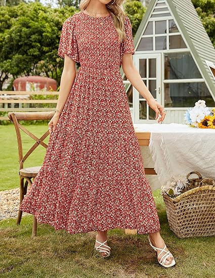 🌷Frühsommer-Sale: 70% Rabatt🌸 Lässiges, geblümtes Maxikleid für den Sommer 2026 mit kurzen, flatternden Ärmeln, Rundhalsausschnitt, geraffter Taille und fließendem Schnitt