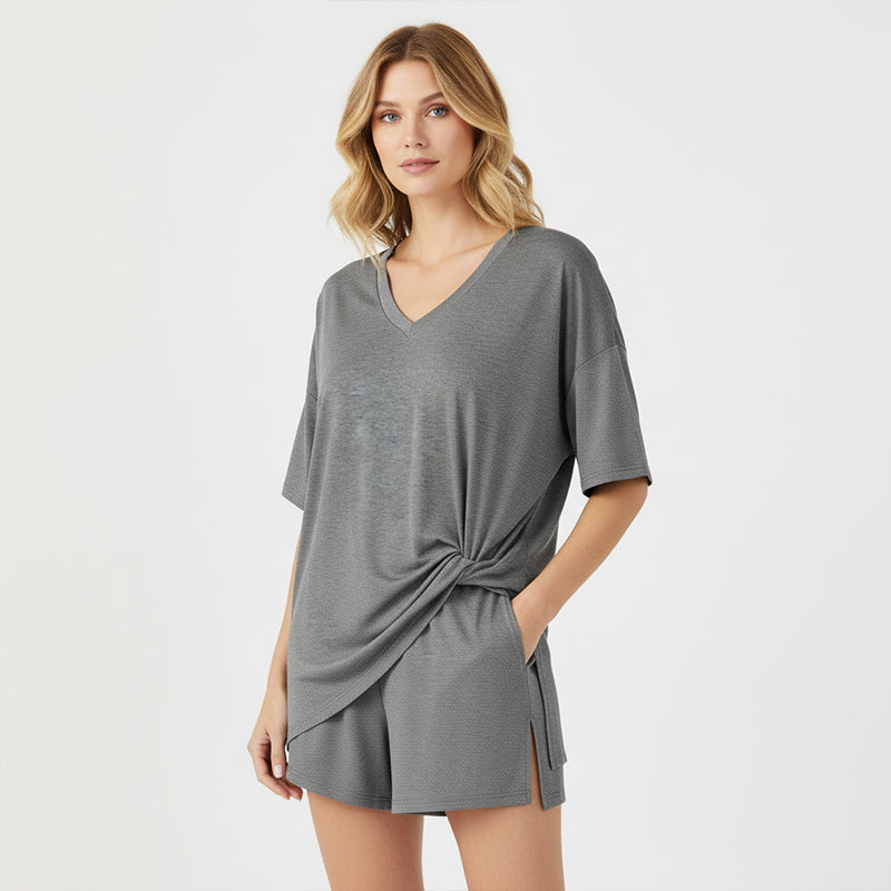 🌞Frühlingserwachen: 50% Rabatt!💎Damen Lounge-Set mit V-Ausschnitt – Knitterfrei & Seidig Weich für Deinen Wohlfühl-Moment