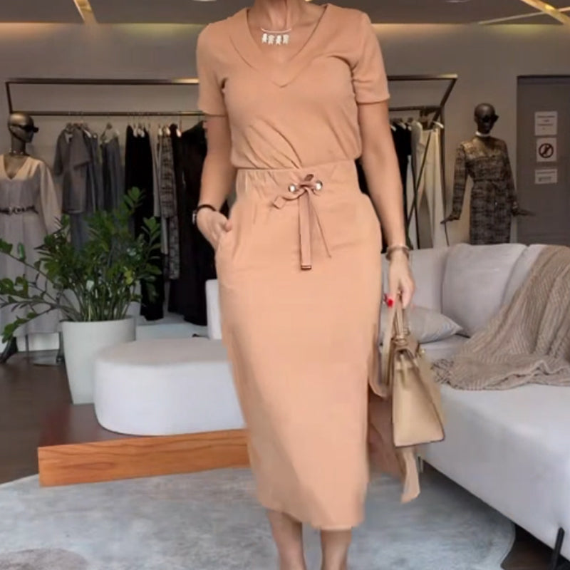 🌞Frühlingserwachen: 50% Rabatt!🎉Zeitlose Eleganz: V-Ausschnitt Top & Rock Set – Knitterfrei & Vielseitig