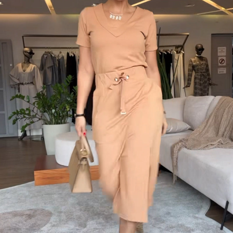 🌞Frühlingserwachen: 50% Rabatt!🎉Zeitlose Eleganz: V-Ausschnitt Top & Rock Set – Knitterfrei & Vielseitig