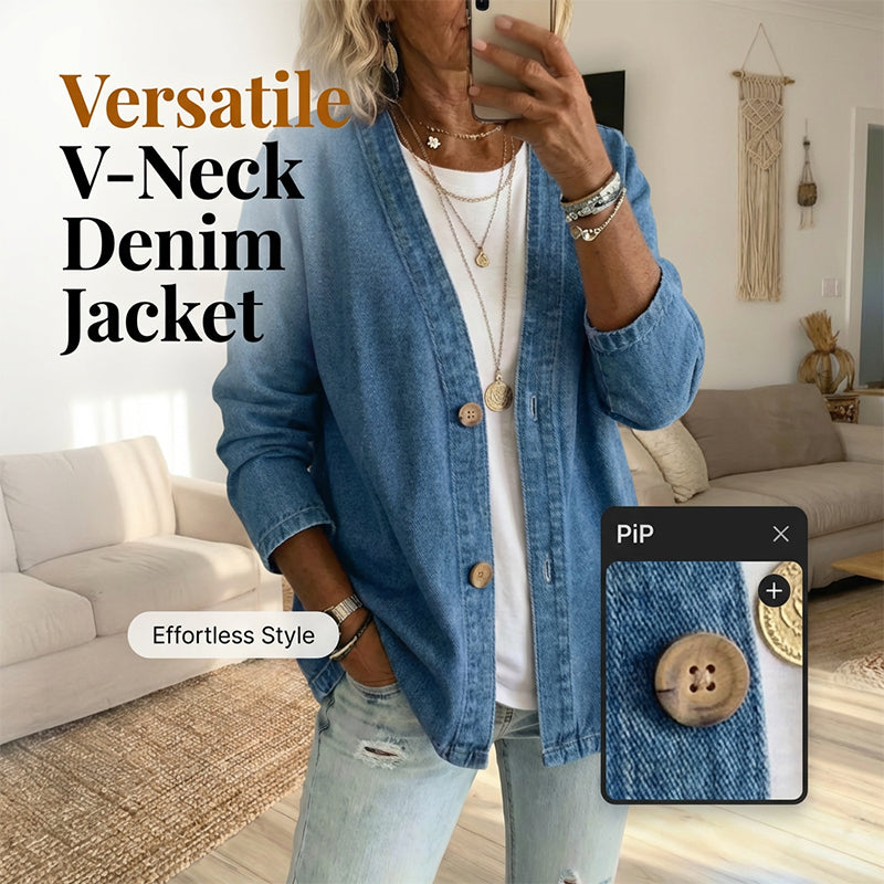 🌞Frühlingserwachen: 50% Rabatt!📿"Boho-Chic" Jeans-Cardigan: Kragenlose Denim-Jacke mit V-Ausschnitt & Holzknöpfen
