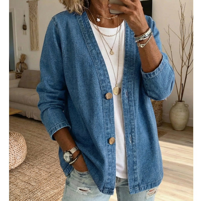 🌞Frühlingserwachen: 50% Rabatt!📿"Boho-Chic" Jeans-Cardigan: Kragenlose Denim-Jacke mit V-Ausschnitt & Holzknöpfen