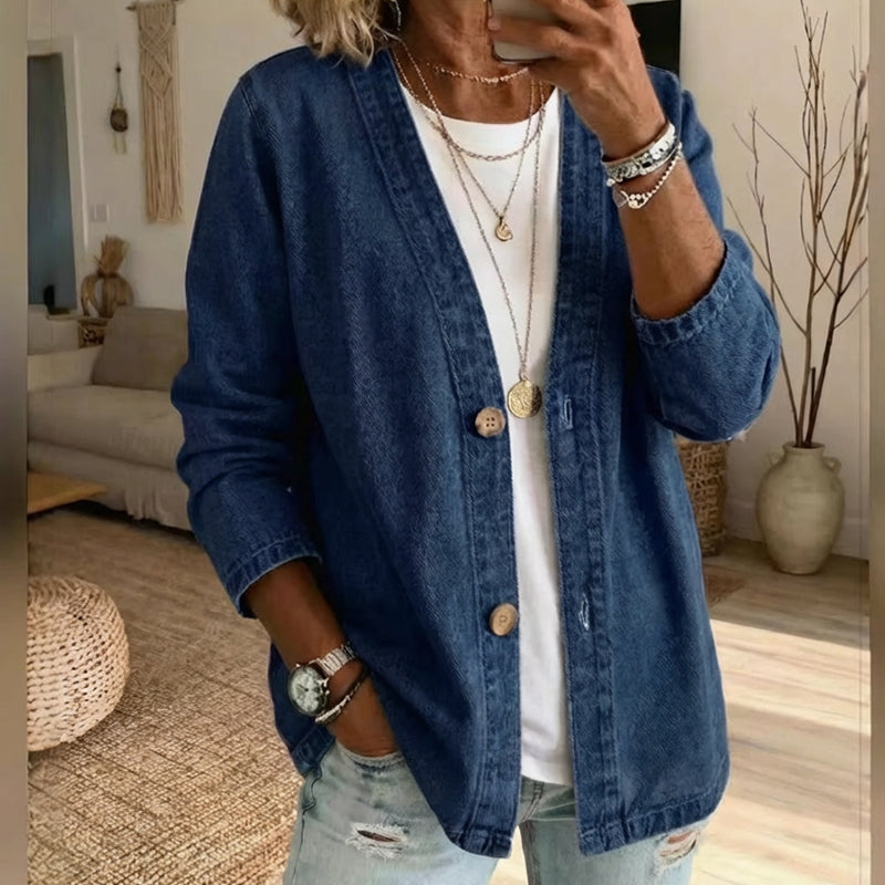 🌞Frühlingserwachen: 50% Rabatt!📿"Boho-Chic" Jeans-Cardigan: Kragenlose Denim-Jacke mit V-Ausschnitt & Holzknöpfen