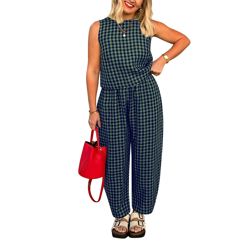 Summer Gingham Print Tank and Trousers Outfit