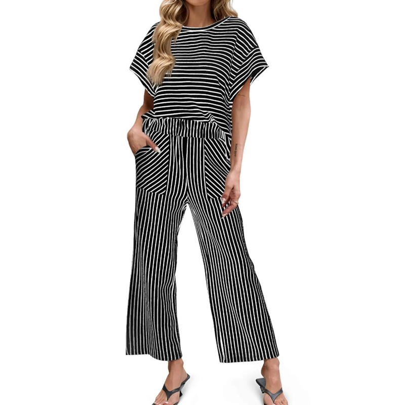 👚 Zweiteiliges Lounge-Set für Damen mit Streifenmuster – tiefe Seitentaschen, bequemer Stretch-Bund. ✨