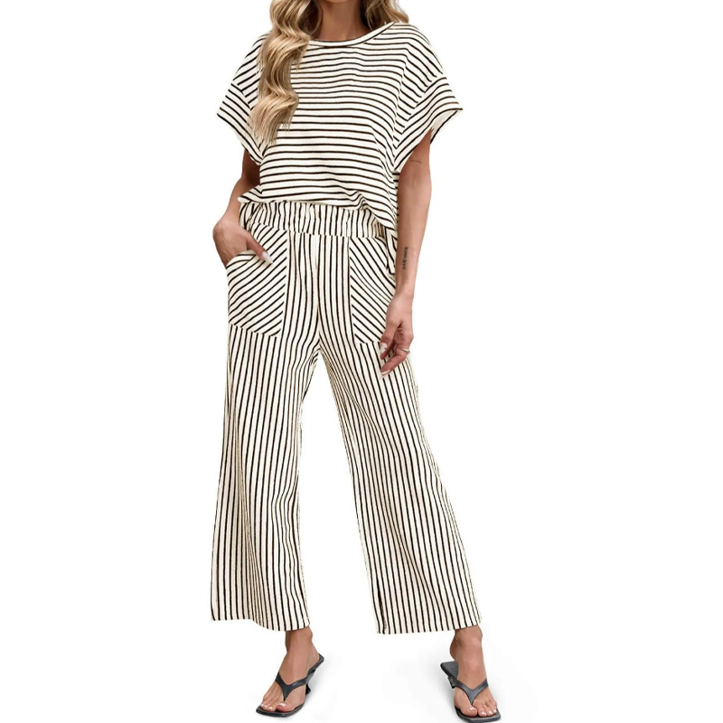 👚 Zweiteiliges Lounge-Set für Damen mit Streifenmuster – tiefe Seitentaschen, bequemer Stretch-Bund. ✨