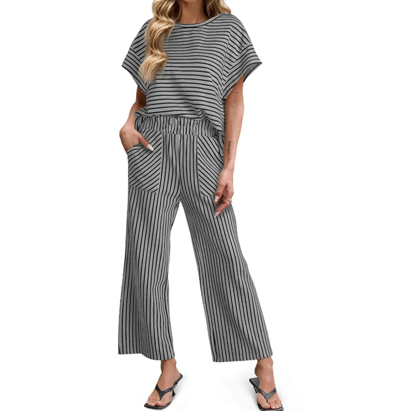 👚 Zweiteiliges Lounge-Set für Damen mit Streifenmuster – tiefe Seitentaschen, bequemer Stretch-Bund. ✨