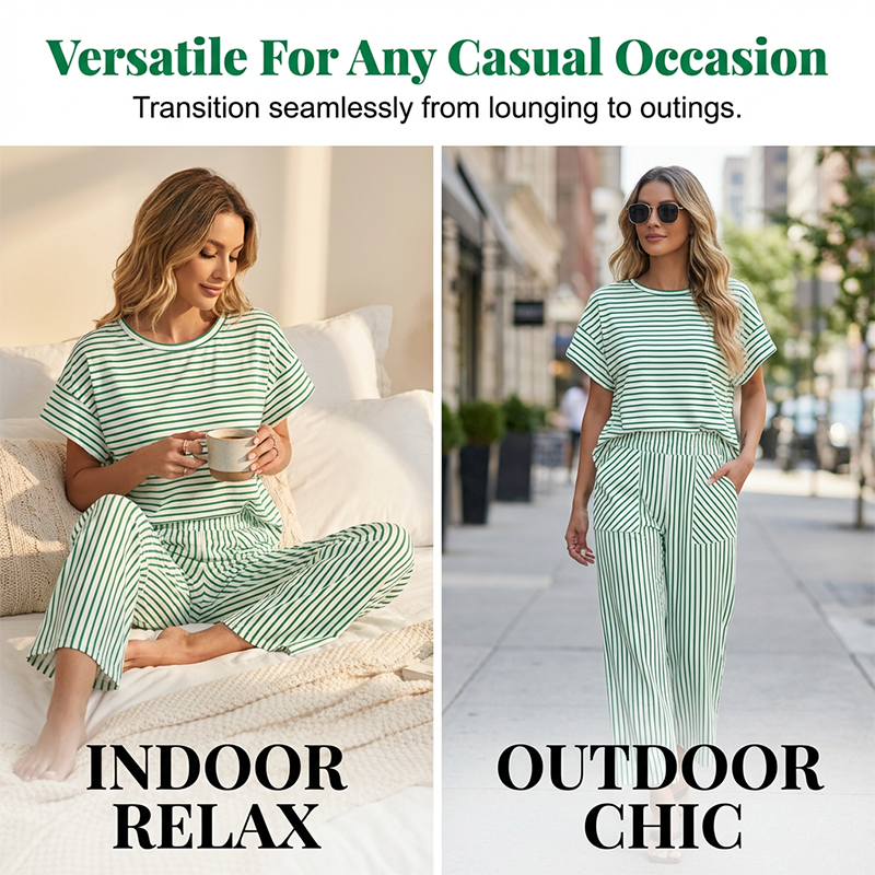 👚 Zweiteiliges Lounge-Set für Damen mit Streifenmuster – tiefe Seitentaschen, bequemer Stretch-Bund. ✨