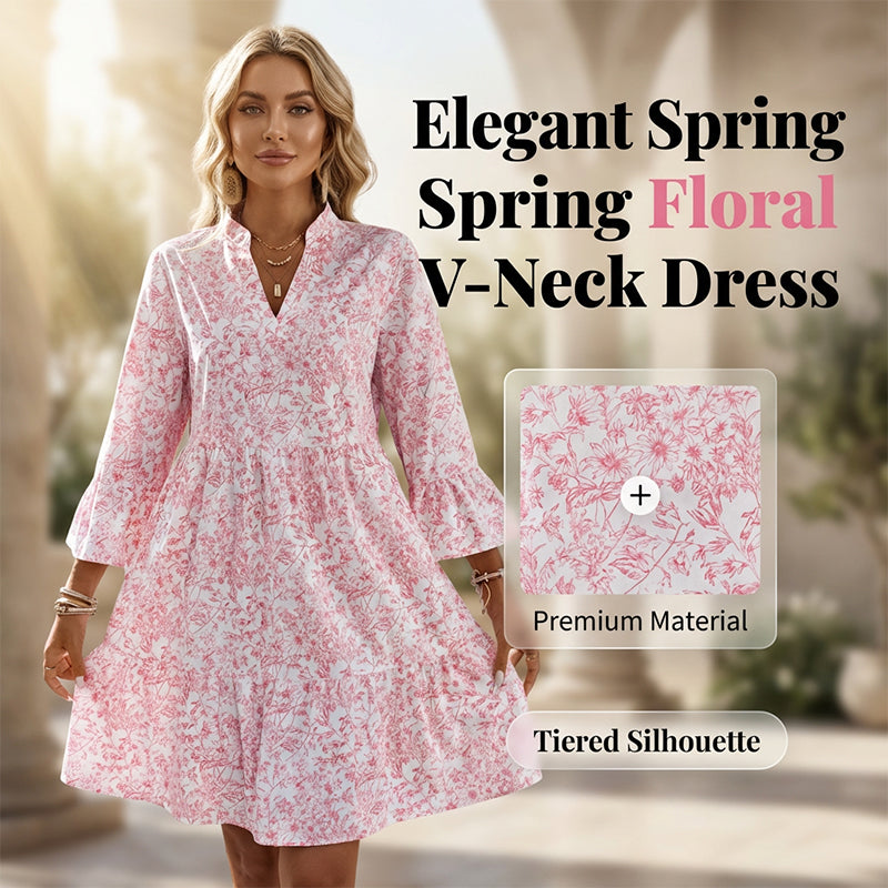 Elegantes V-Ausschnitt Midikleid mit Premium-Drape – Blumiges Stufenkleid