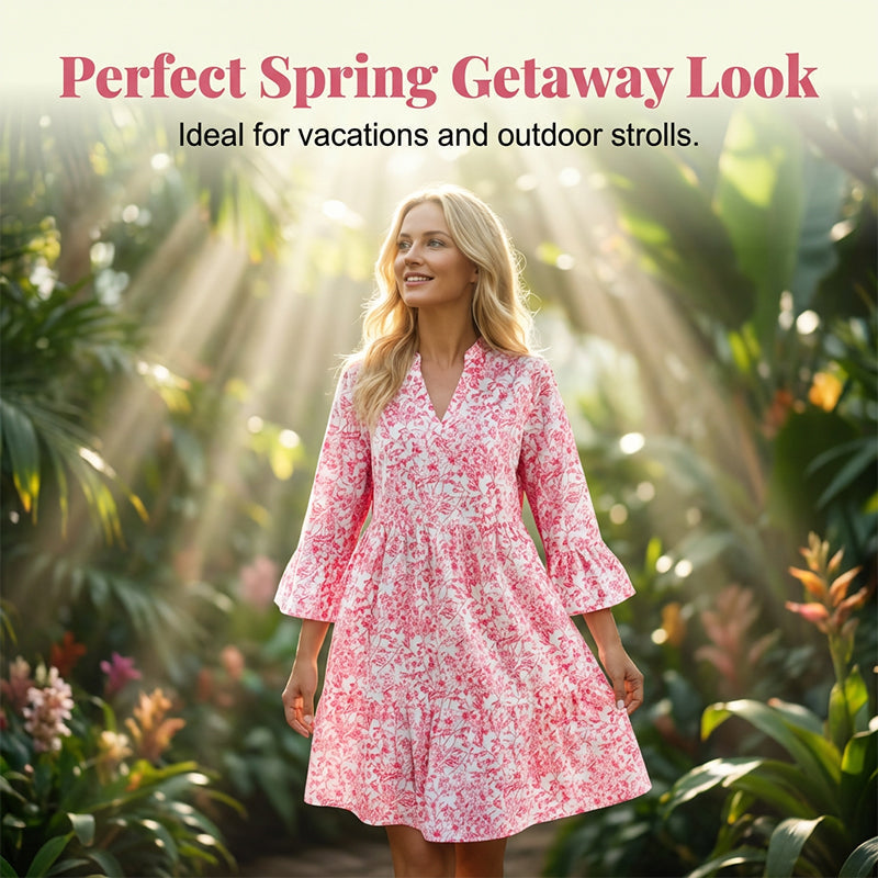 Elegantes V-Ausschnitt Midikleid mit Premium-Drape – Blumiges Stufenkleid